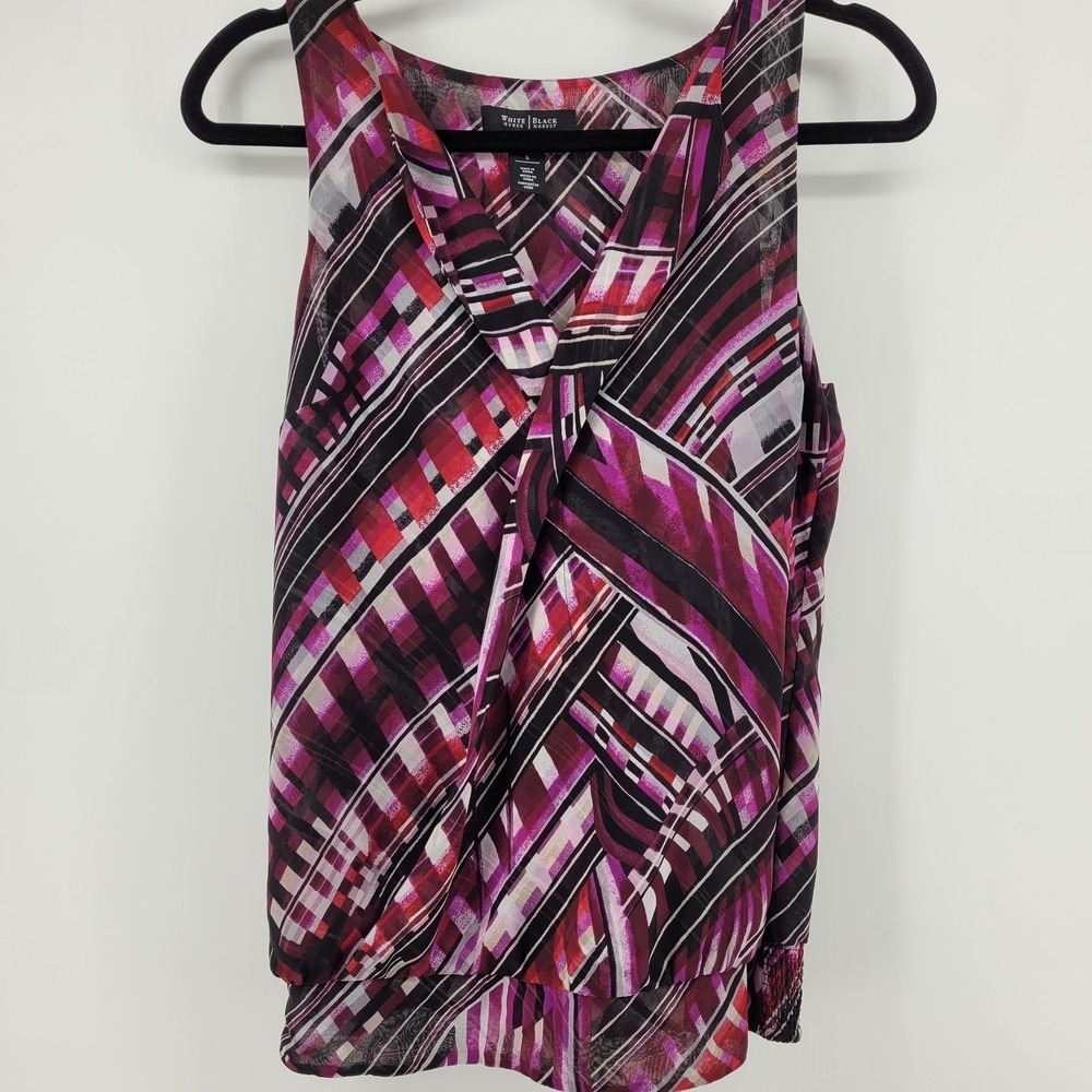 White House Black Market Womens Small Plum Geometric Abstract Faux Wrap Blouse - Picture 2 of 13